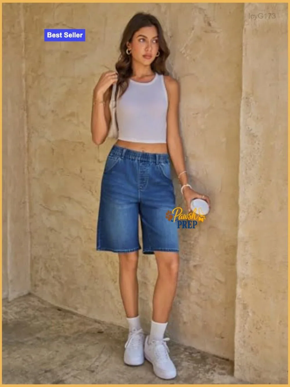 Women's Denim Bermuda Shorts Elastic Waist Baggy Fit Knee Length Jorts